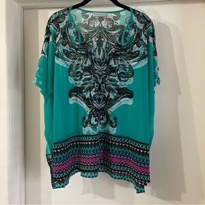 Dana Buchman Teal and Black Patterned Blouse Sheer Size Large Colorful